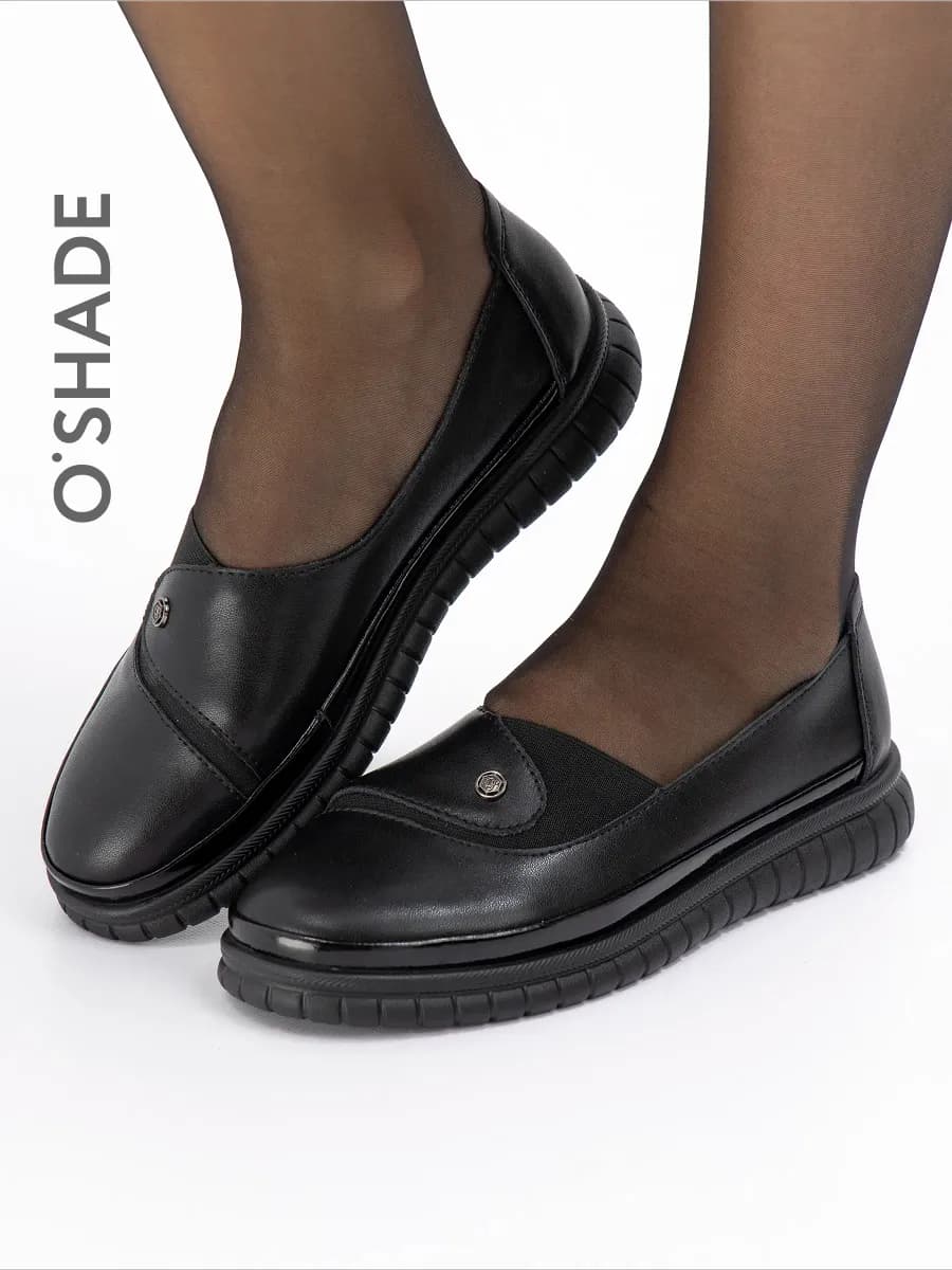 Туфли женские без каблука черные кожаные