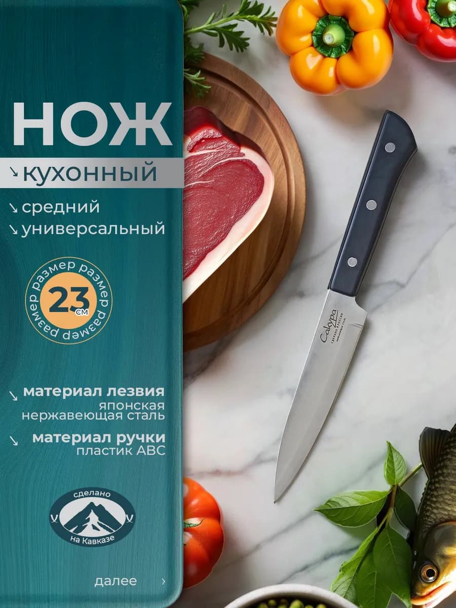 Нож универсальный кухонный острый Сакура средний 23 см