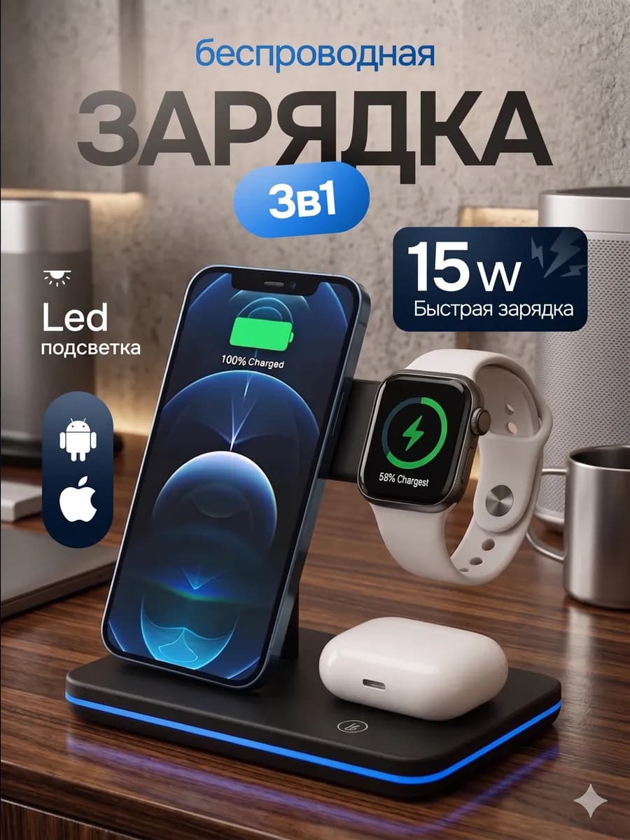 Беспроводная зарядка для iPhone и Андроид 3 в 1, док станция