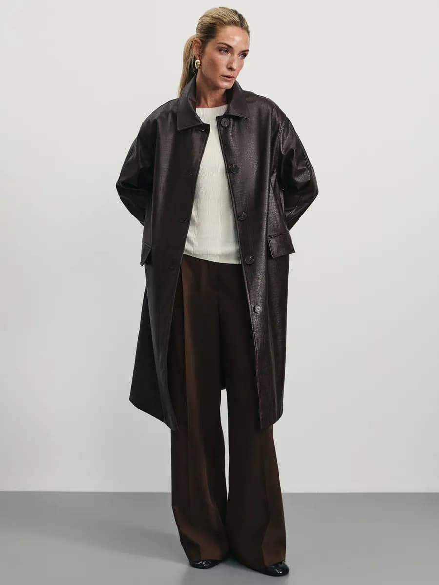 Пальто из искусственной кожи плащ осень-весна до колен - фото 1