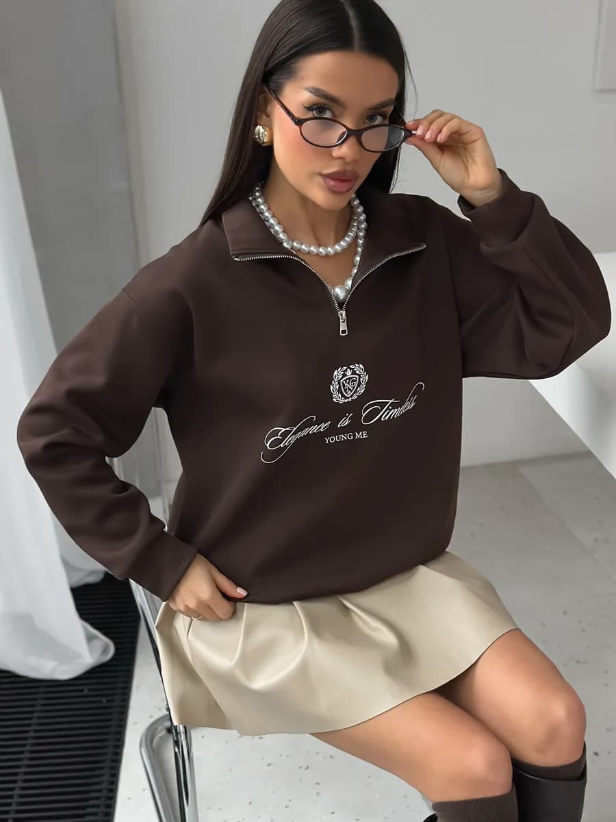 Свитшот полузамок оверсайз без начеса с принтом кофта