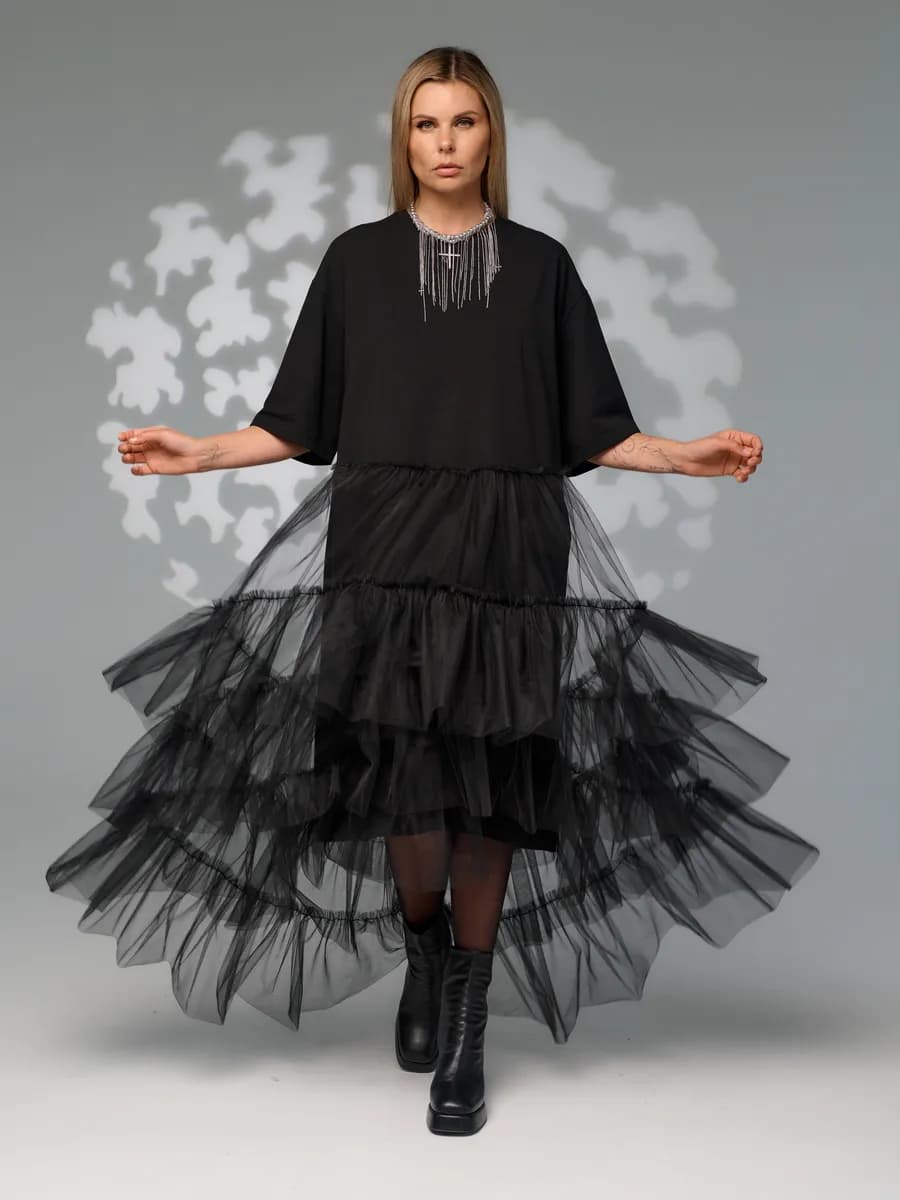 Платье нарядное вечернее праздничное с фатином ярусное