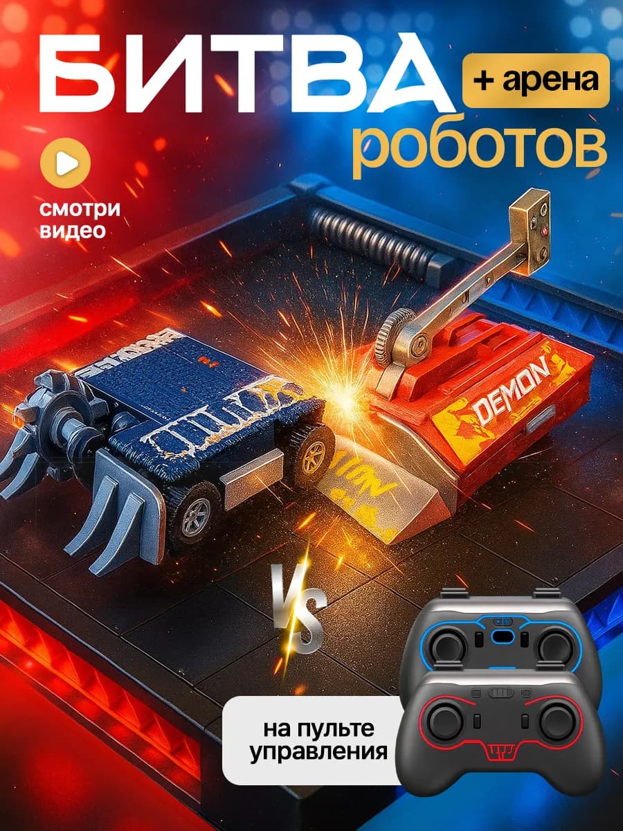Набор боевых роботов на пульте управления с ареной