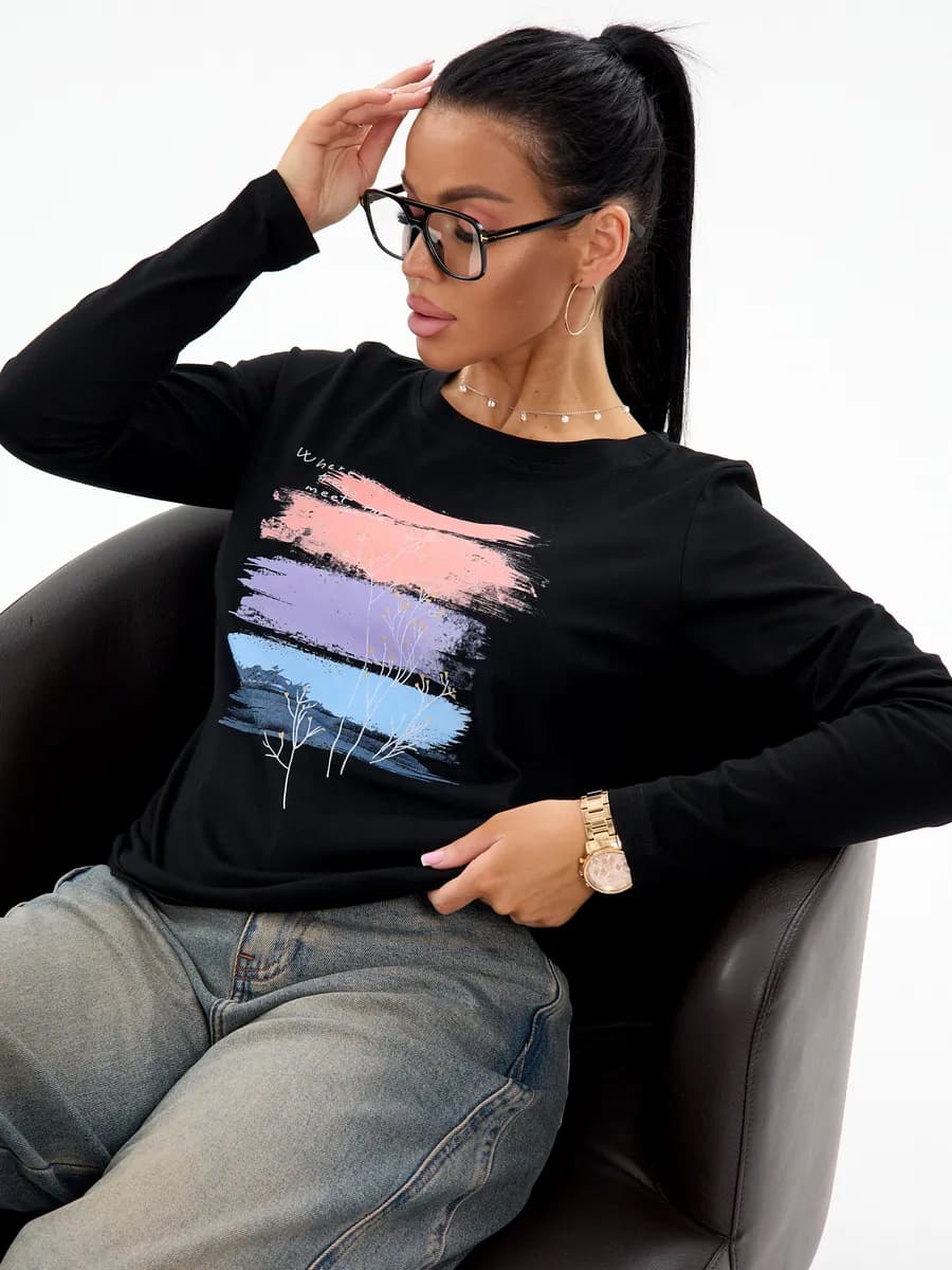 Лонгслив черный с принтом хлопковый