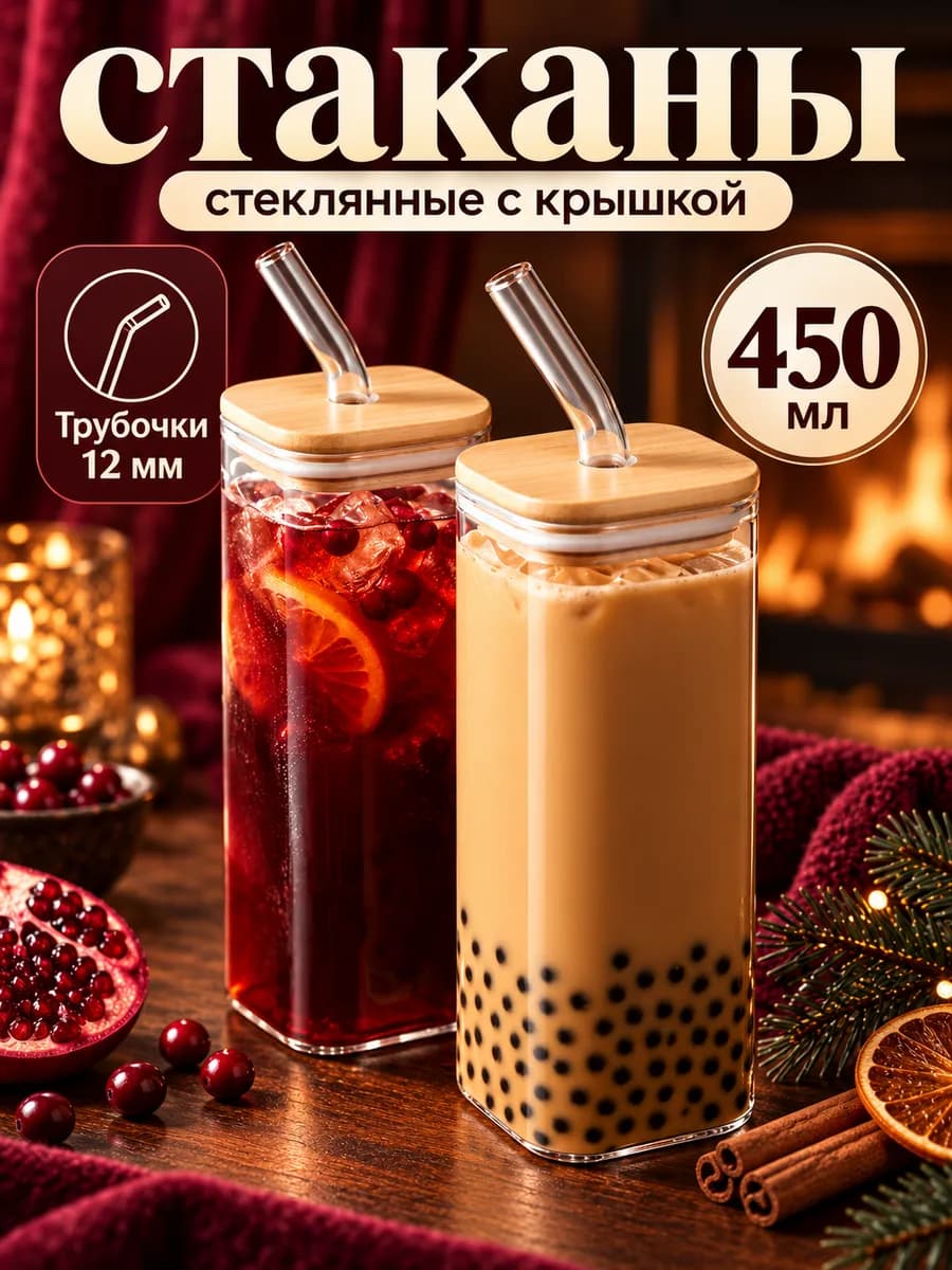 Стеклянные стаканы с трубочкой и крышкой квадратные