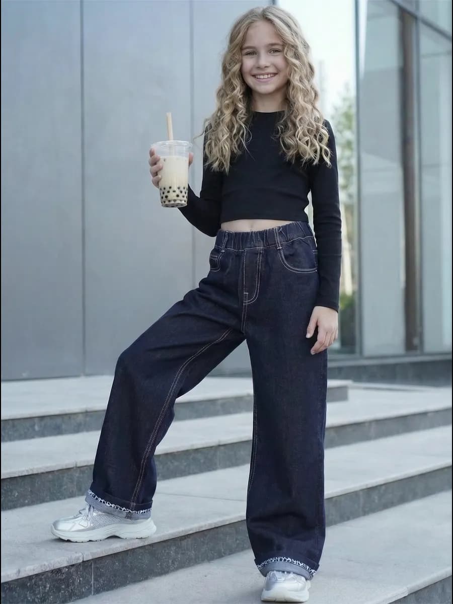 Джинсы багги подростковые широкие на резинке Бэта