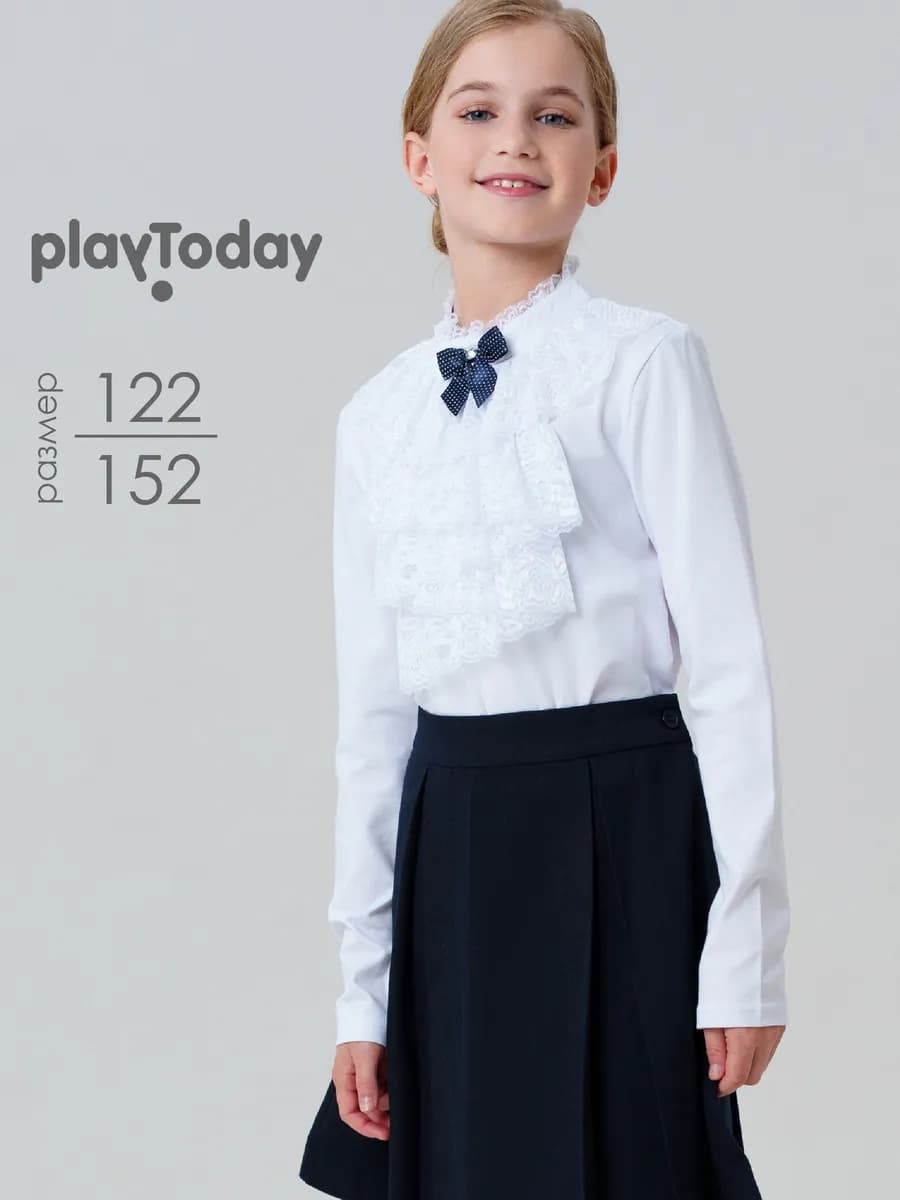 Блузка трикотажная белая с жабо лонгслив нарядный для школы