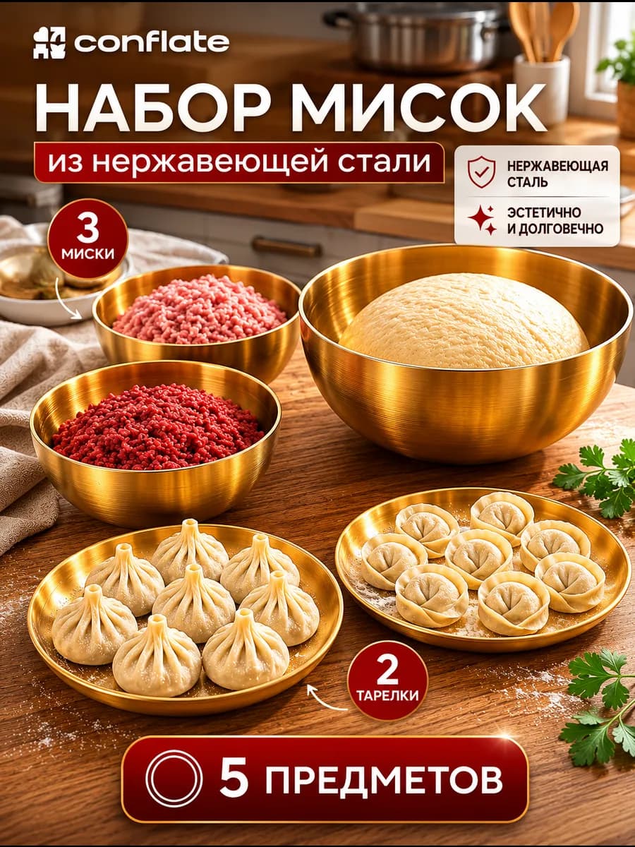 Салатники набор мисок для кухни из нержавеющей стали 5 шт