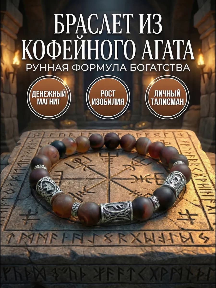 Браслет из кофейного агата с рунами богатства