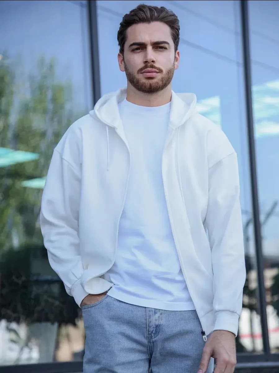 Зип худи мужское оверсайз с капюшоном на молнии без начеса