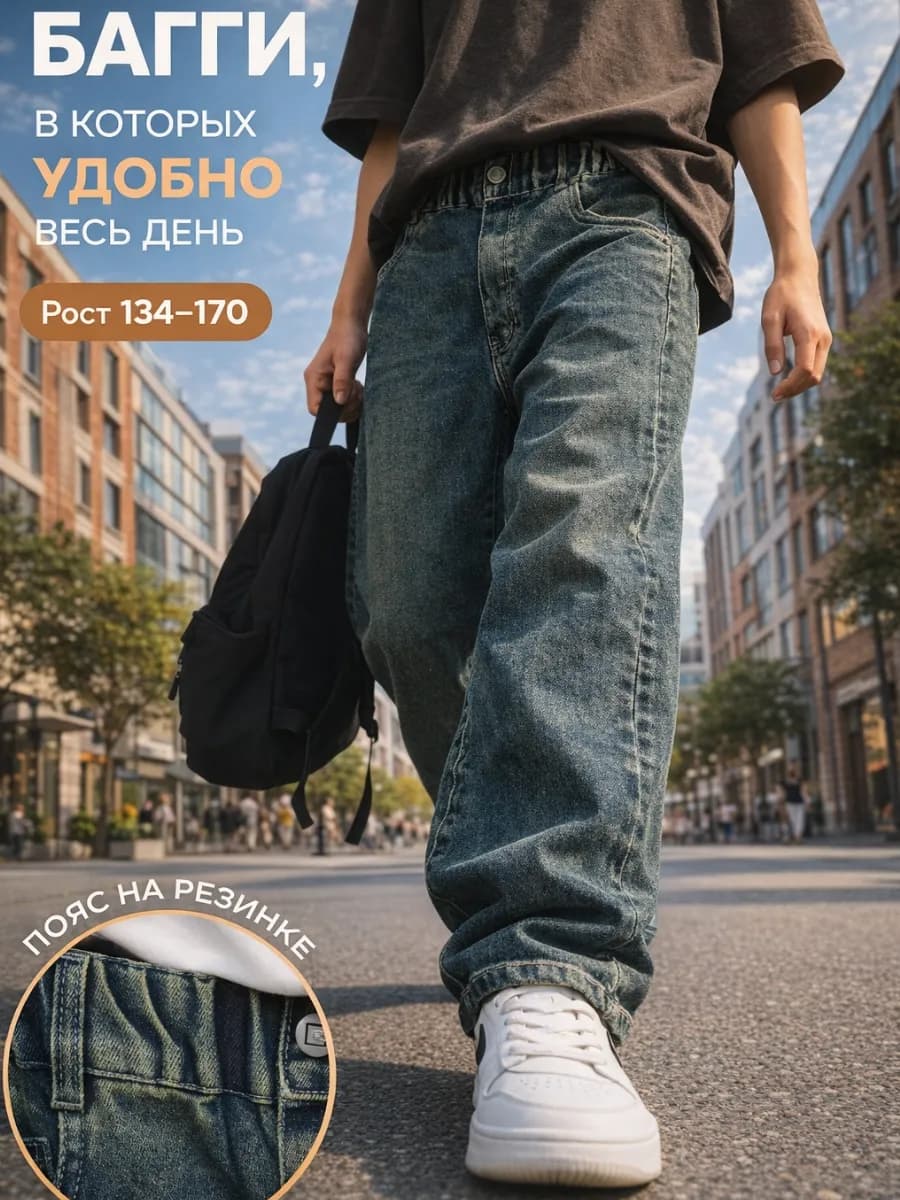 Джинсы багги на резинке подростковые