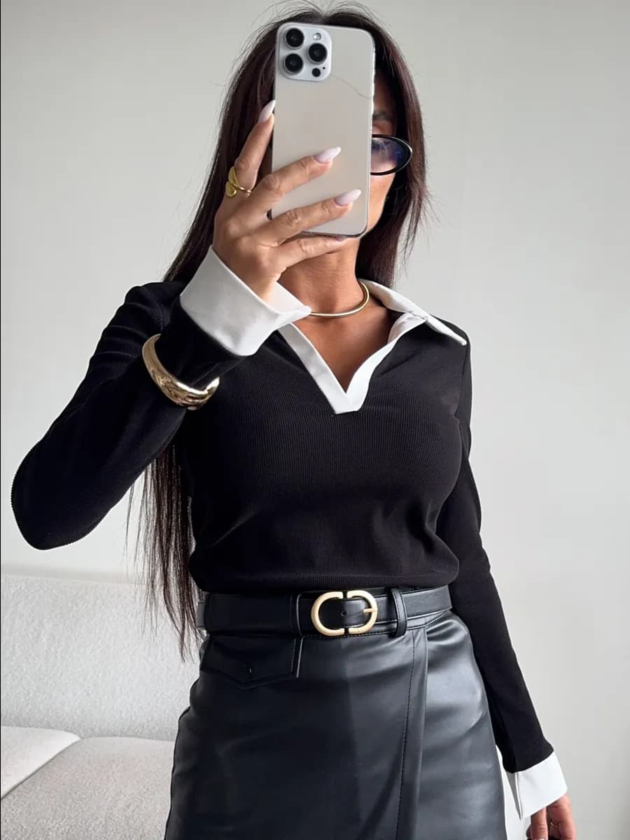 Лонгслив поло с белым воротником - фото 1