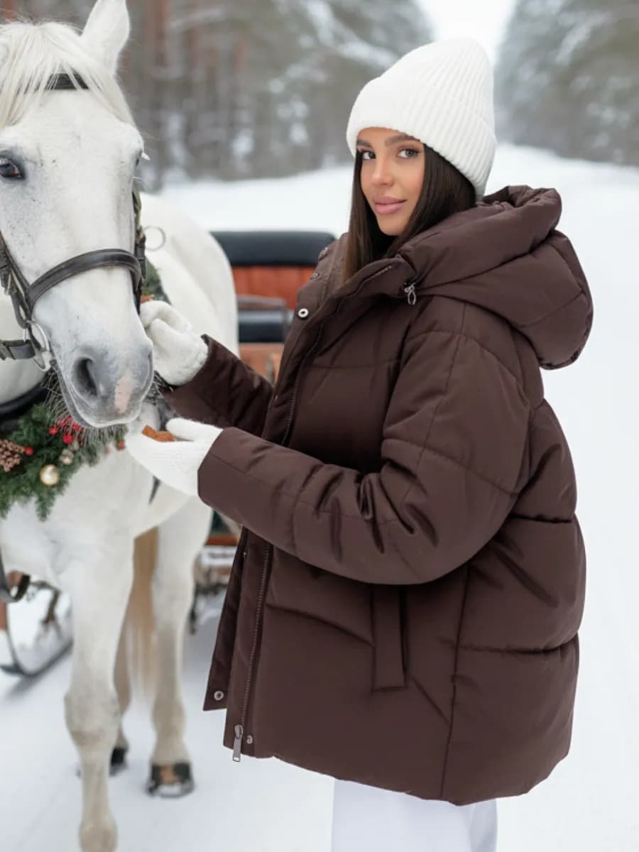Куртка зимняя оверсайз короткая с капюшоном