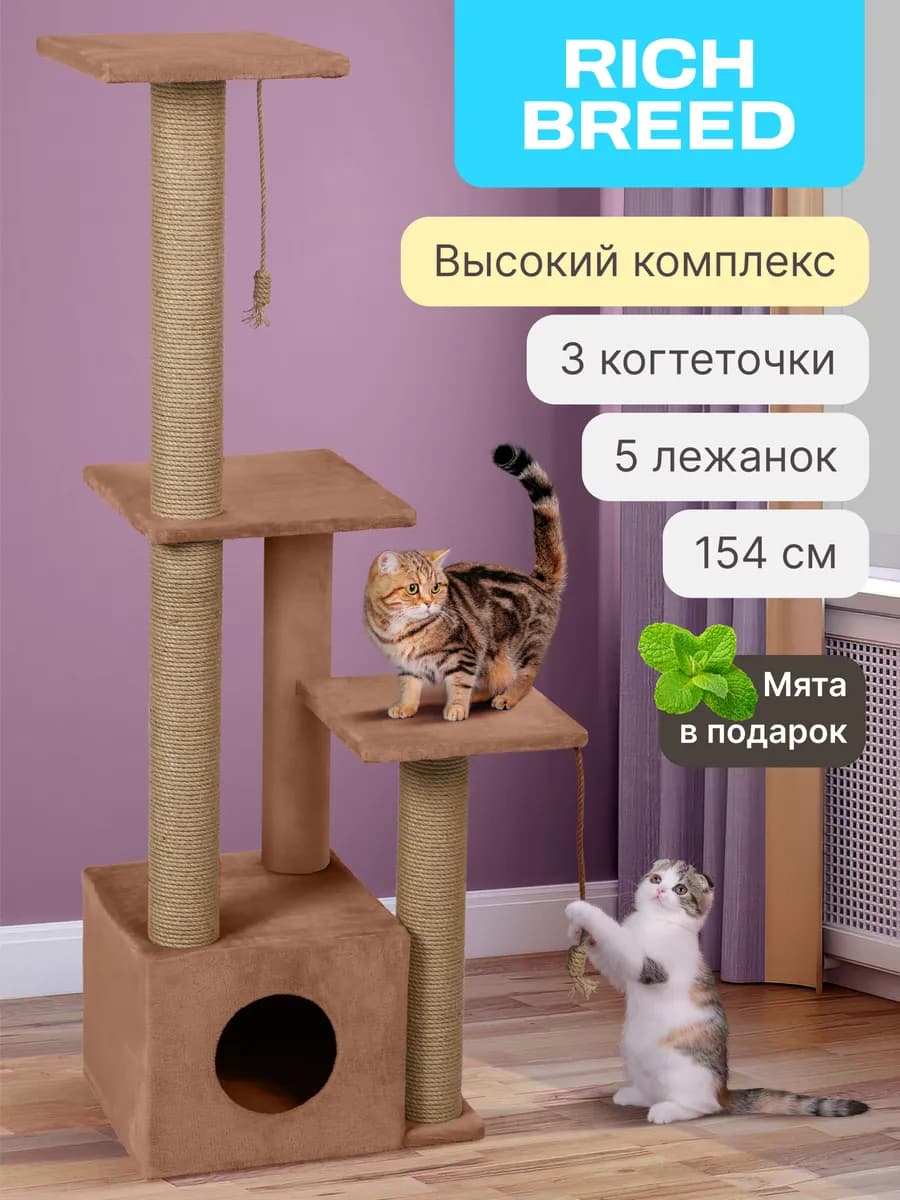 Когтеточка для кошки высокая с домиком и лежанками