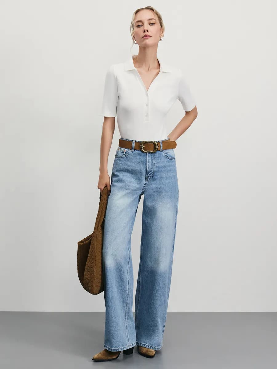 Боди с коротким рукавом и воротником поло в рубчик