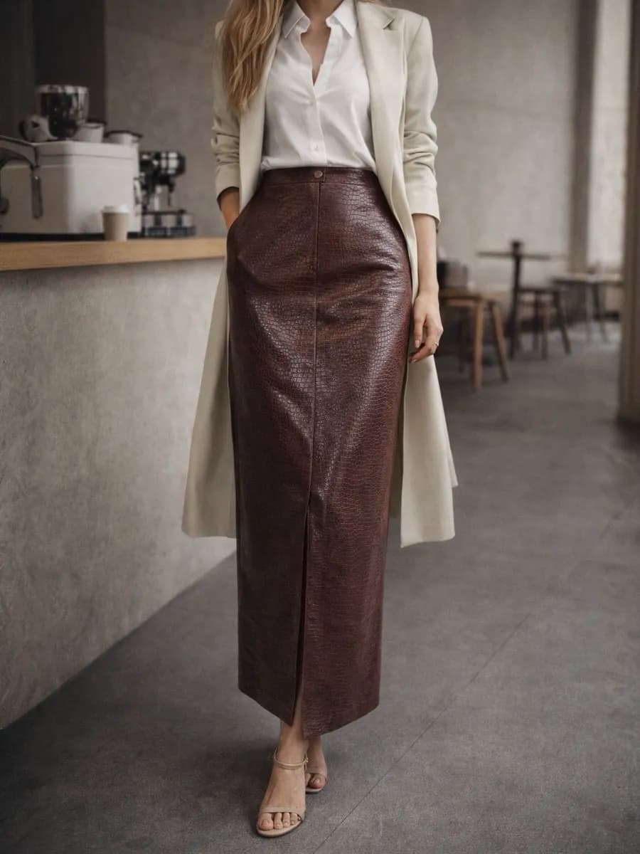 Юбка кожаная длинная с разрезом