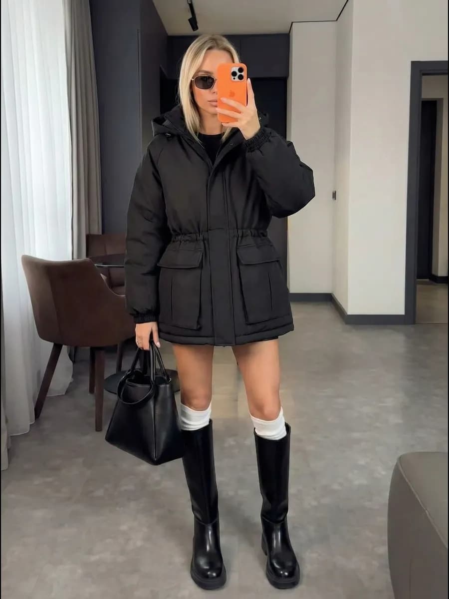 Куртка с капюшоном парка приталенная