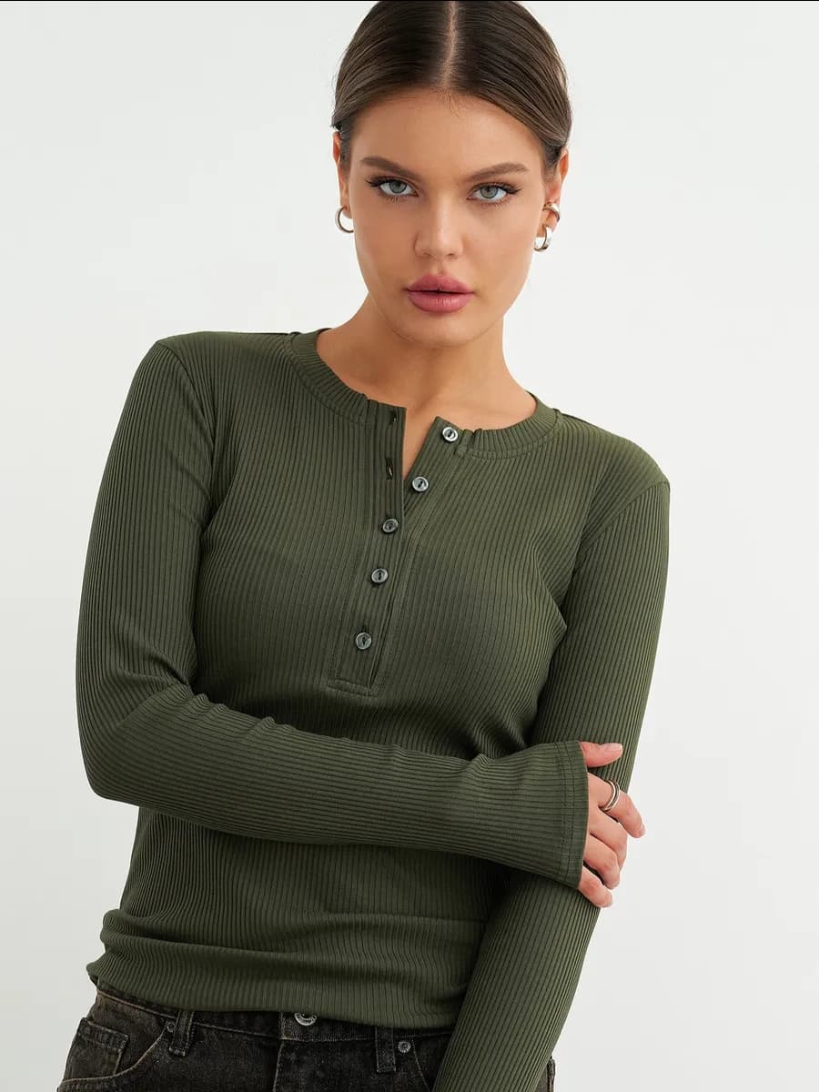 Лонгслив кофта поло облегающий в рубчик