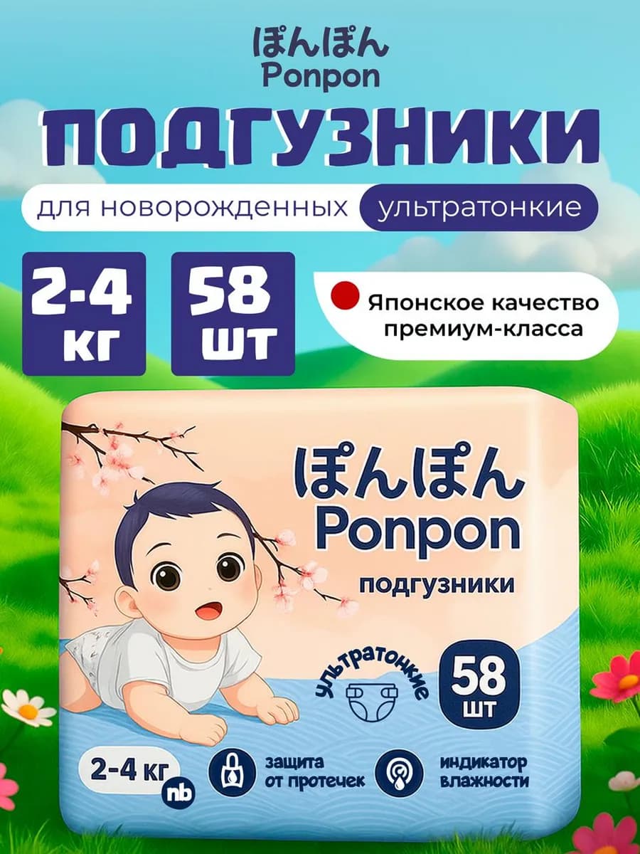Подгузники детские для новорожденных 58 шт 2-4 кг (NB) унисе…