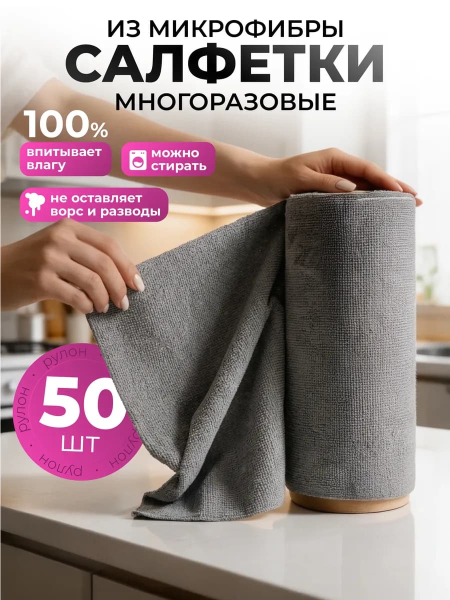Салфетки для уборки из микрофибры в рулоне 50 шт