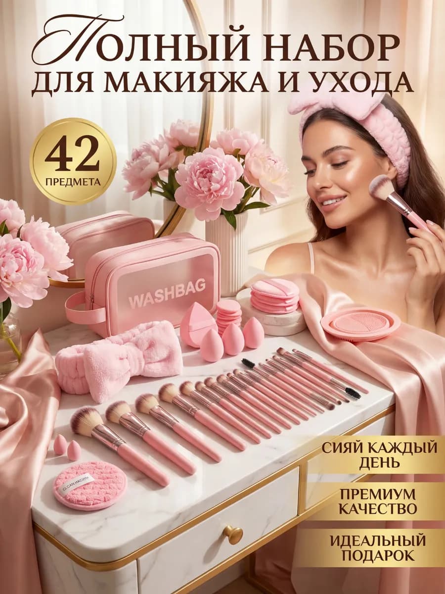 Кисти для макияжа набор спонжей с повязкой и косметичкой - фото 1