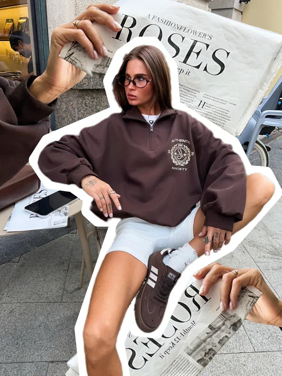 Свитшот полузамок без начеса на молнии оверсайз с принтом