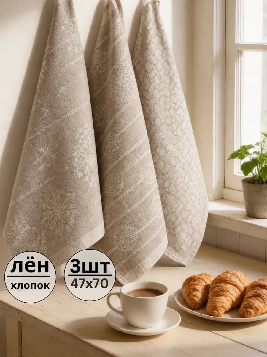 Набор кухонных полотенец с петелькой лен хлопок 3 шт