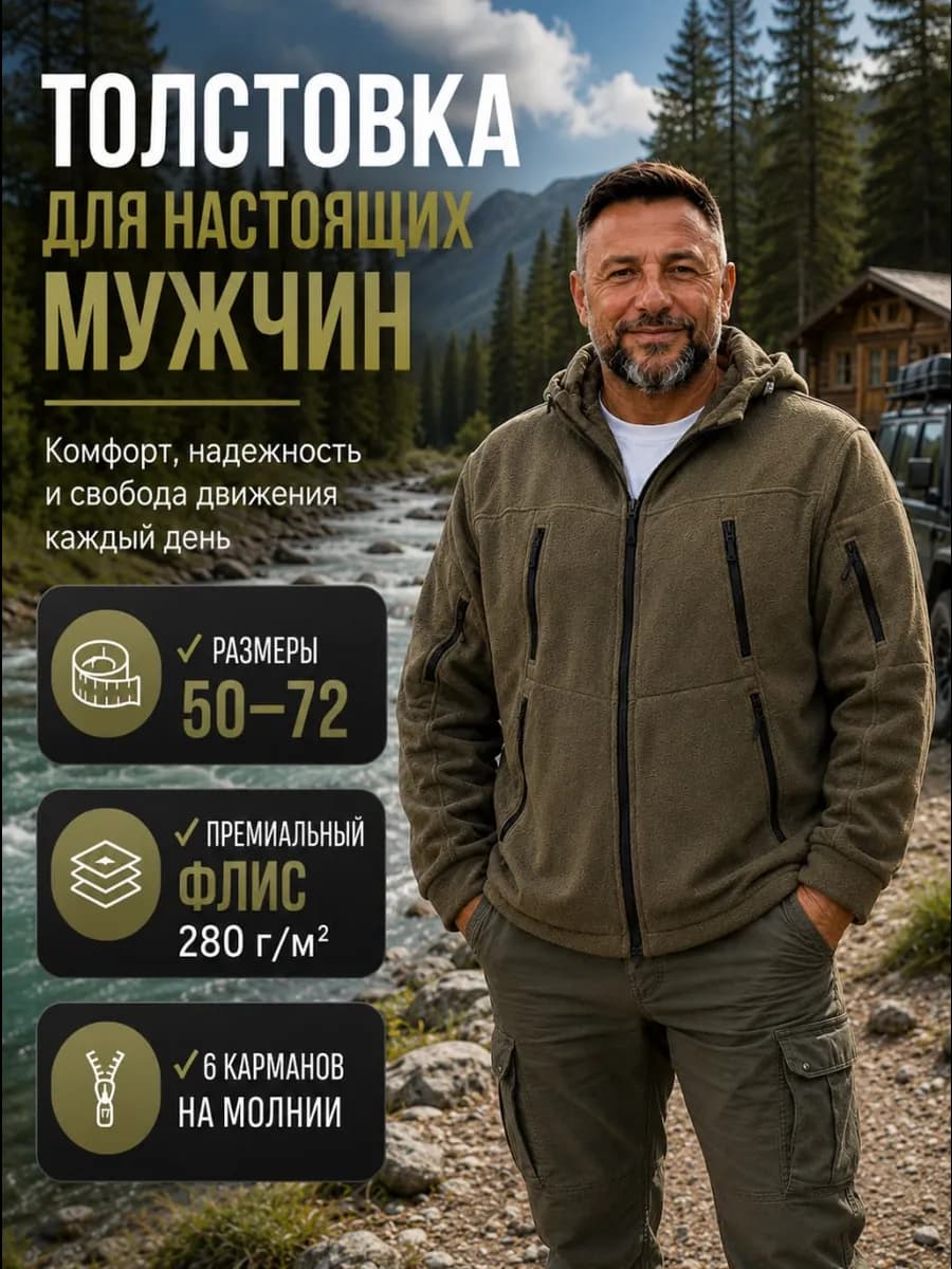 Толстовка мужская флисовая больших размеров с капюшоном