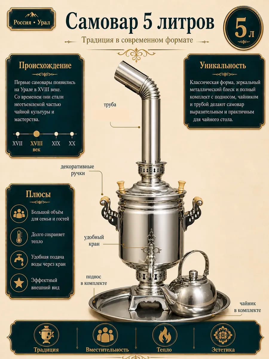 Самовар Купец жаровой 5 л с подносом и заварником