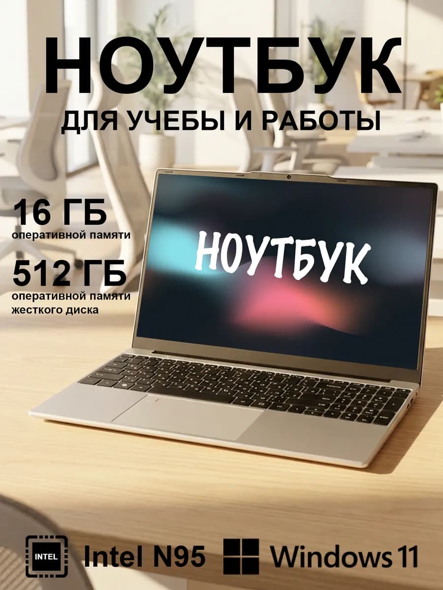 Ноутбук для учебы 15 6" IPS Intel N95 16ГБ SSD 512GB - фото 1