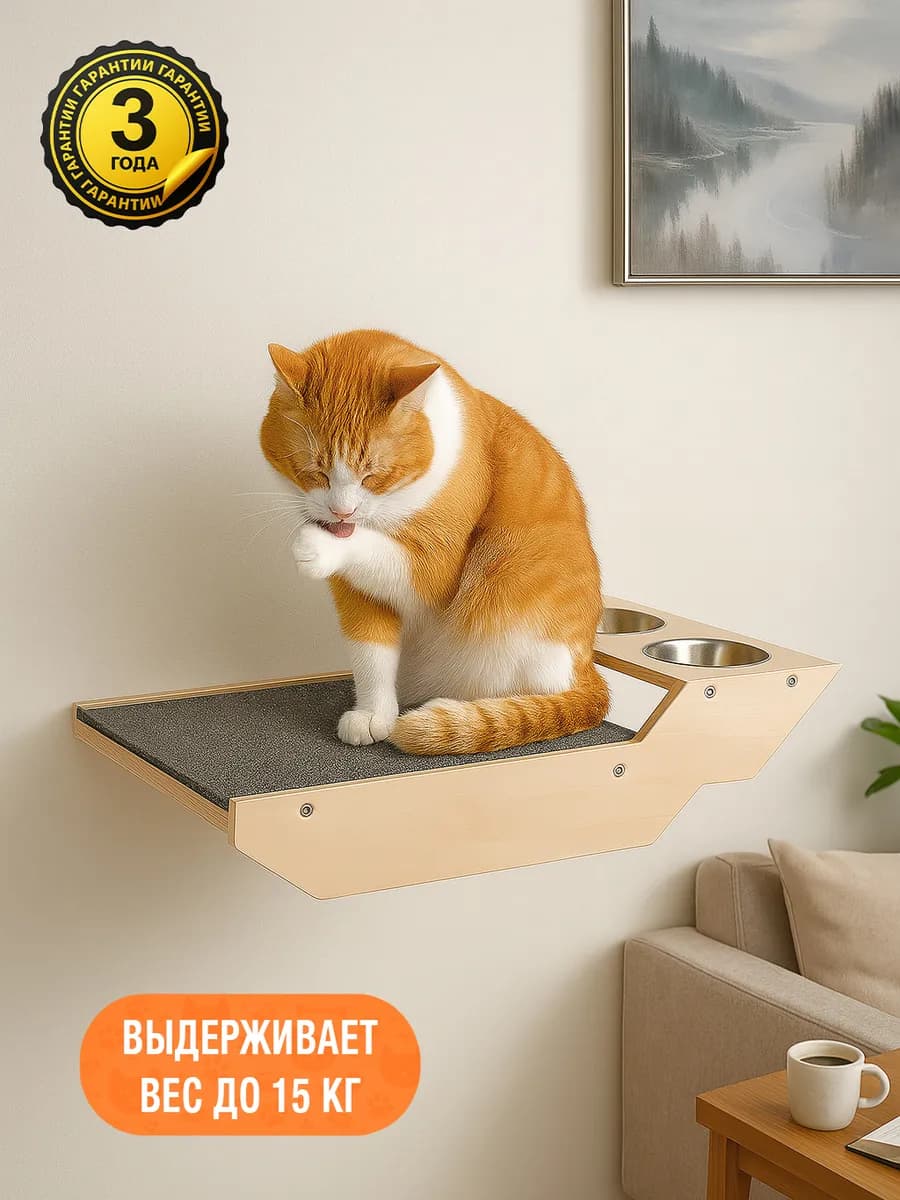Полка лежанка для кошек с отверстиями для мисок настенная