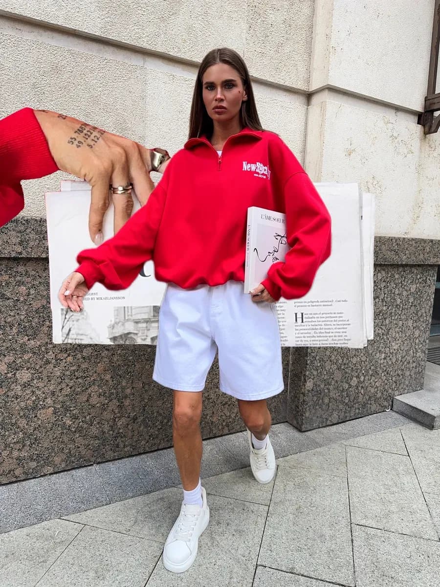 Свитшот полузамок без начеса на молнии оверсайз с принтом