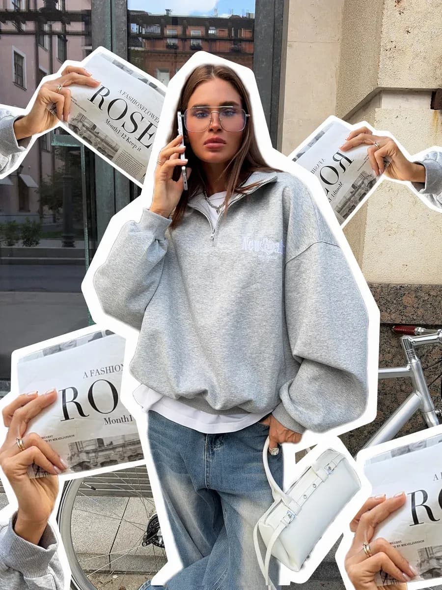 Свитшот полузамок без начеса на молнии оверсайз с принтом