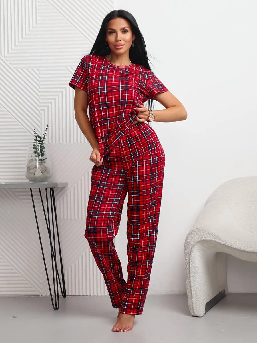 Пижама летняя в клетку со штанами костюм домашний
