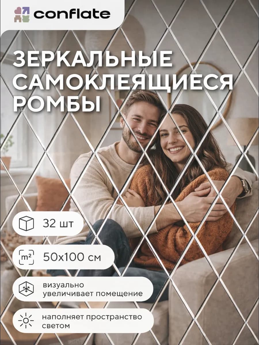 Зеркальные интерьерные наклейки на стену 32 шт. 50*100 см