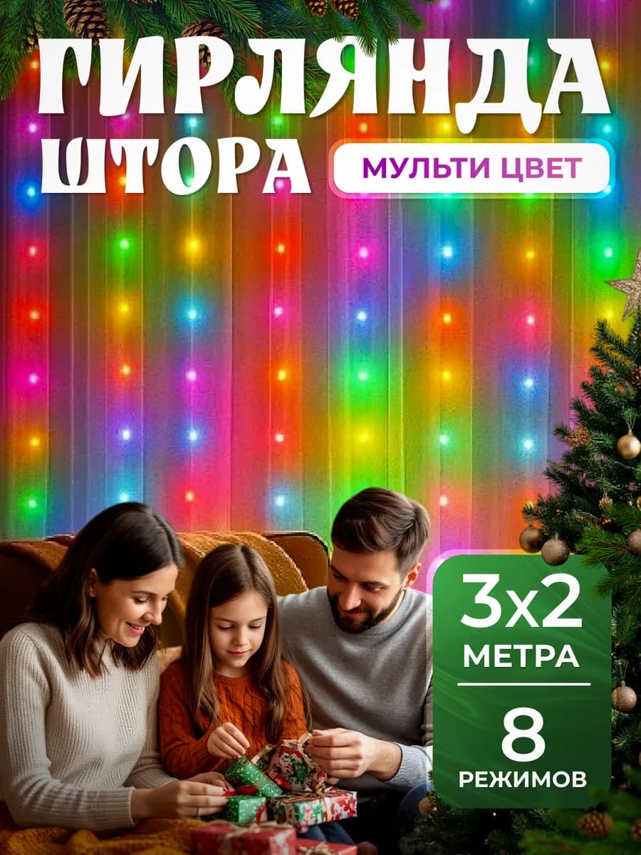 Гирлянда штора на окно 3х2 интерьерная новогодняя