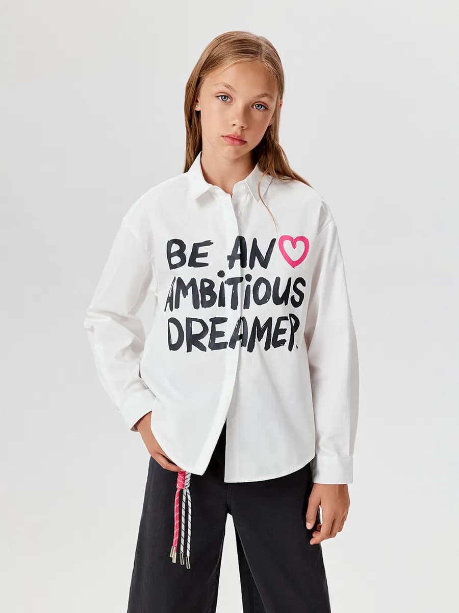 Блузка школьная оверсайз белая с принтом