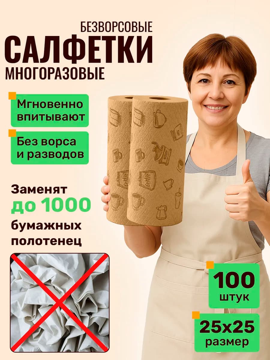 Салфетки для уборки в рулоне многоразовые бамбуковые 100шт