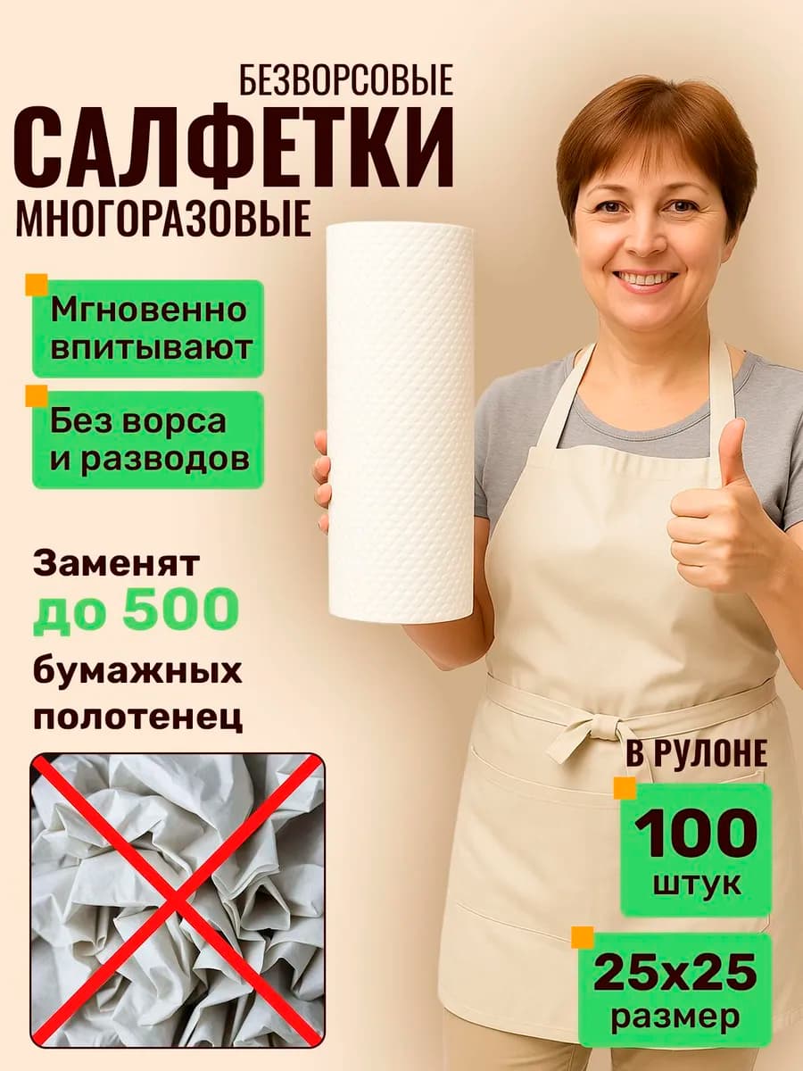 Безворсовые салфетки для уборки в рулоне многоразовые 100 шт