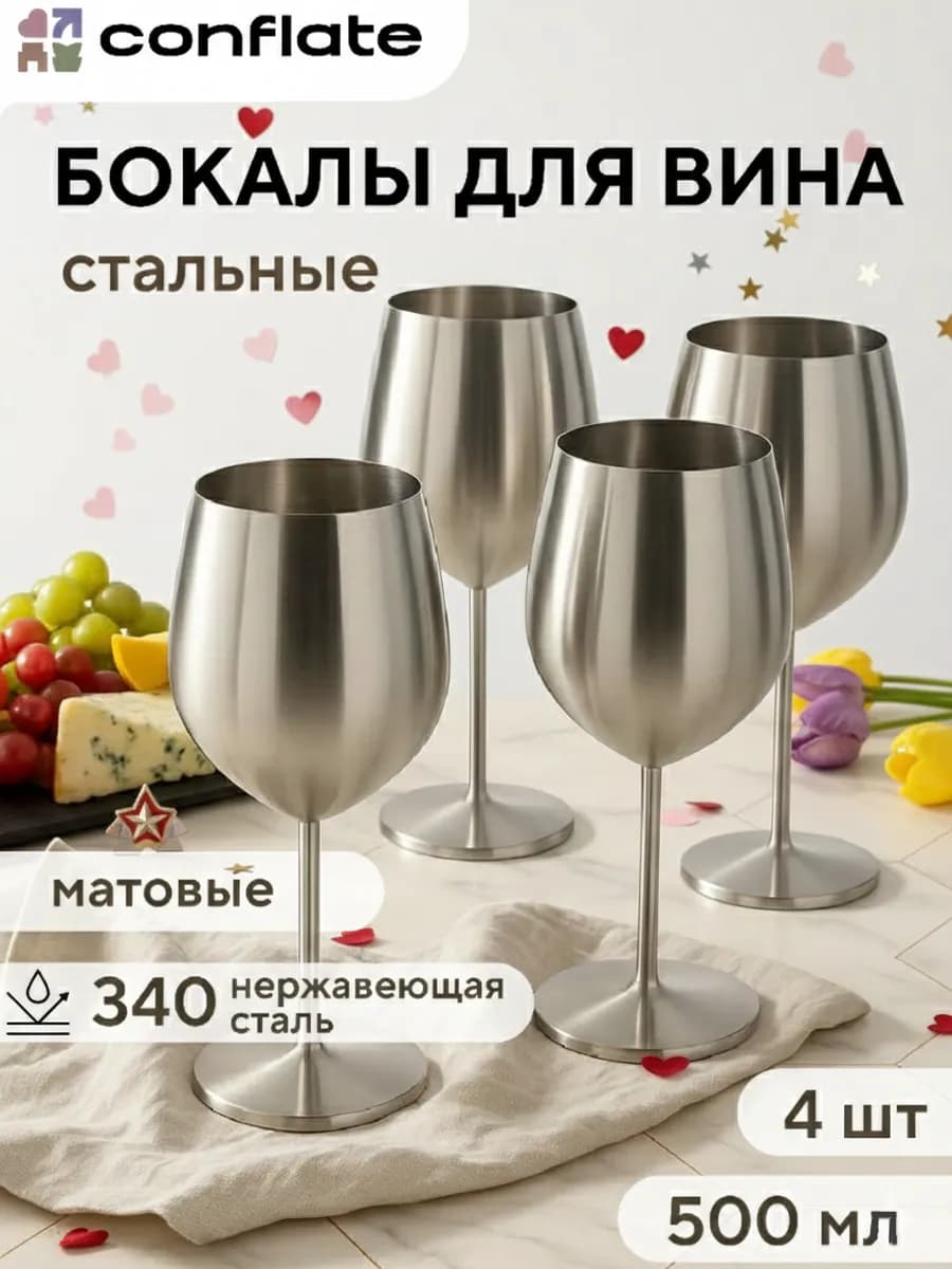 Бокалы для вина большие 4 шт, 500 мл, металлические