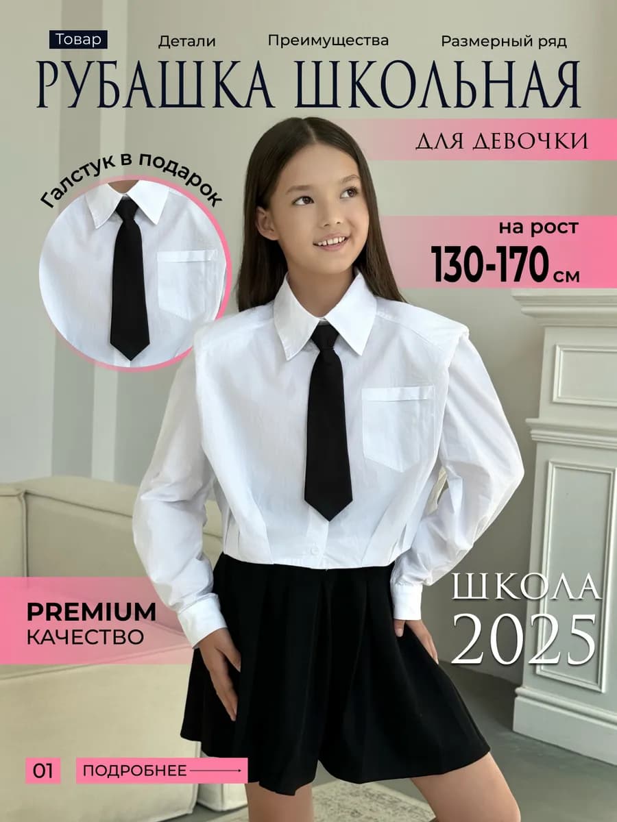 Рубашка блузка школьная укороченная с галстуком - фото 1