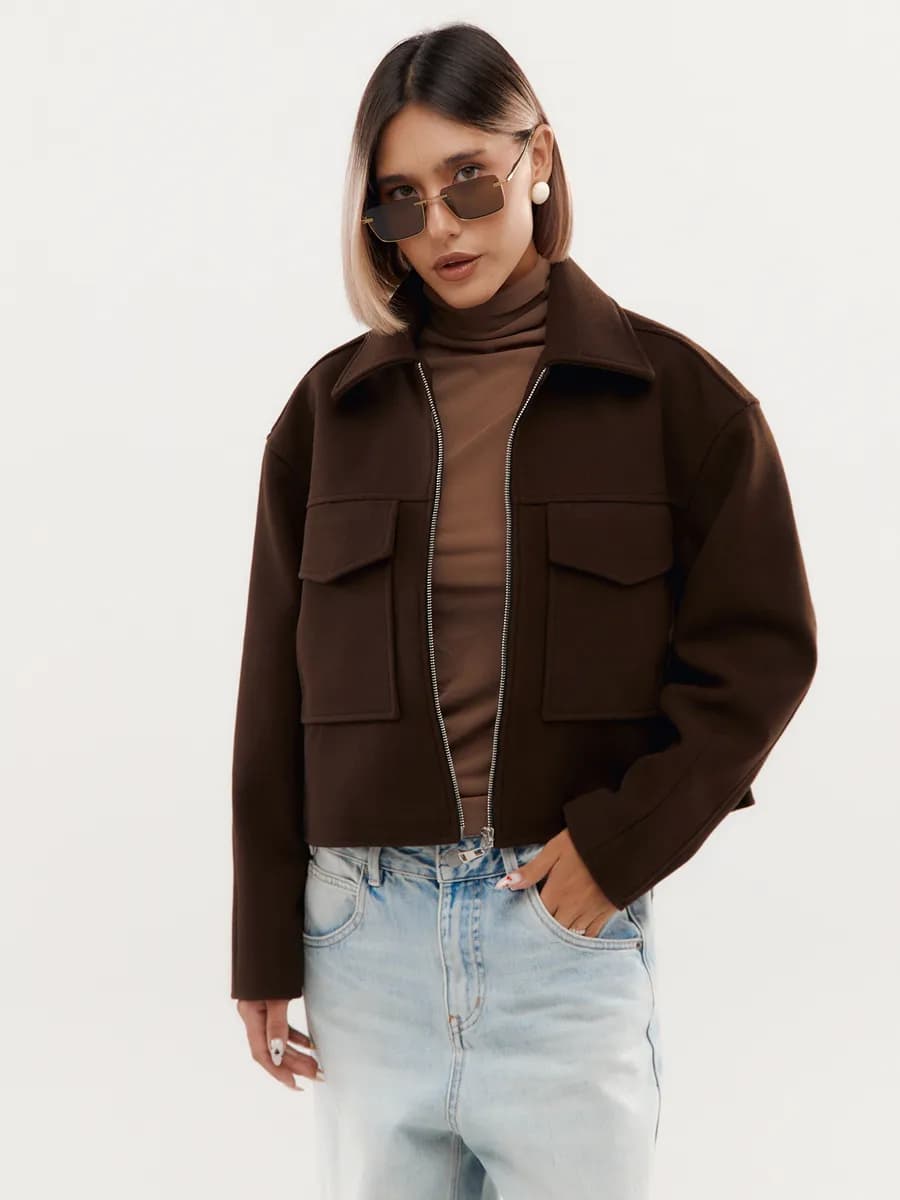 Бомбер укорочённый шерстяной коричневый - фото 1