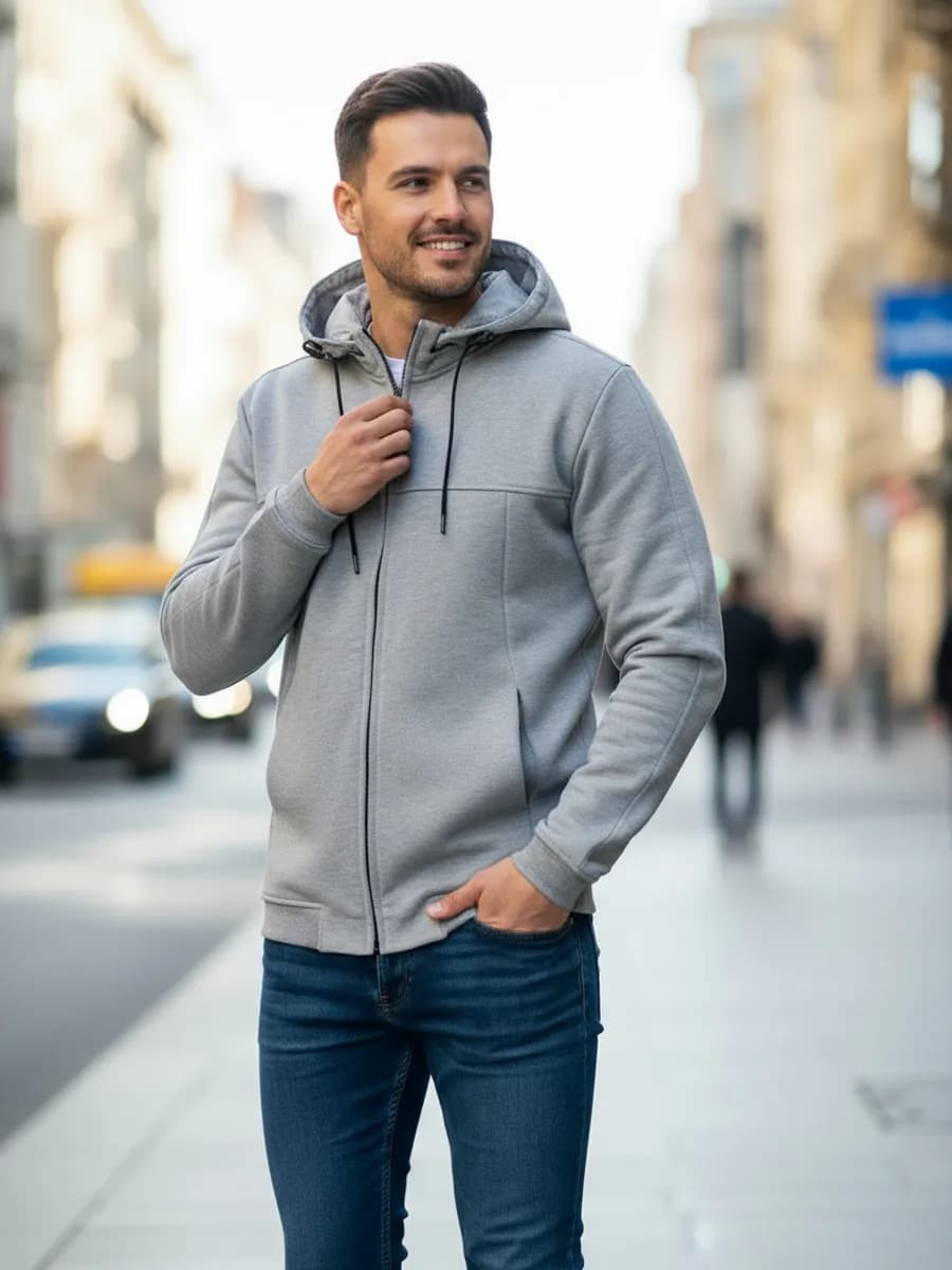 Зип худи мужское оверсайз с капюшоном на молнии без начеса