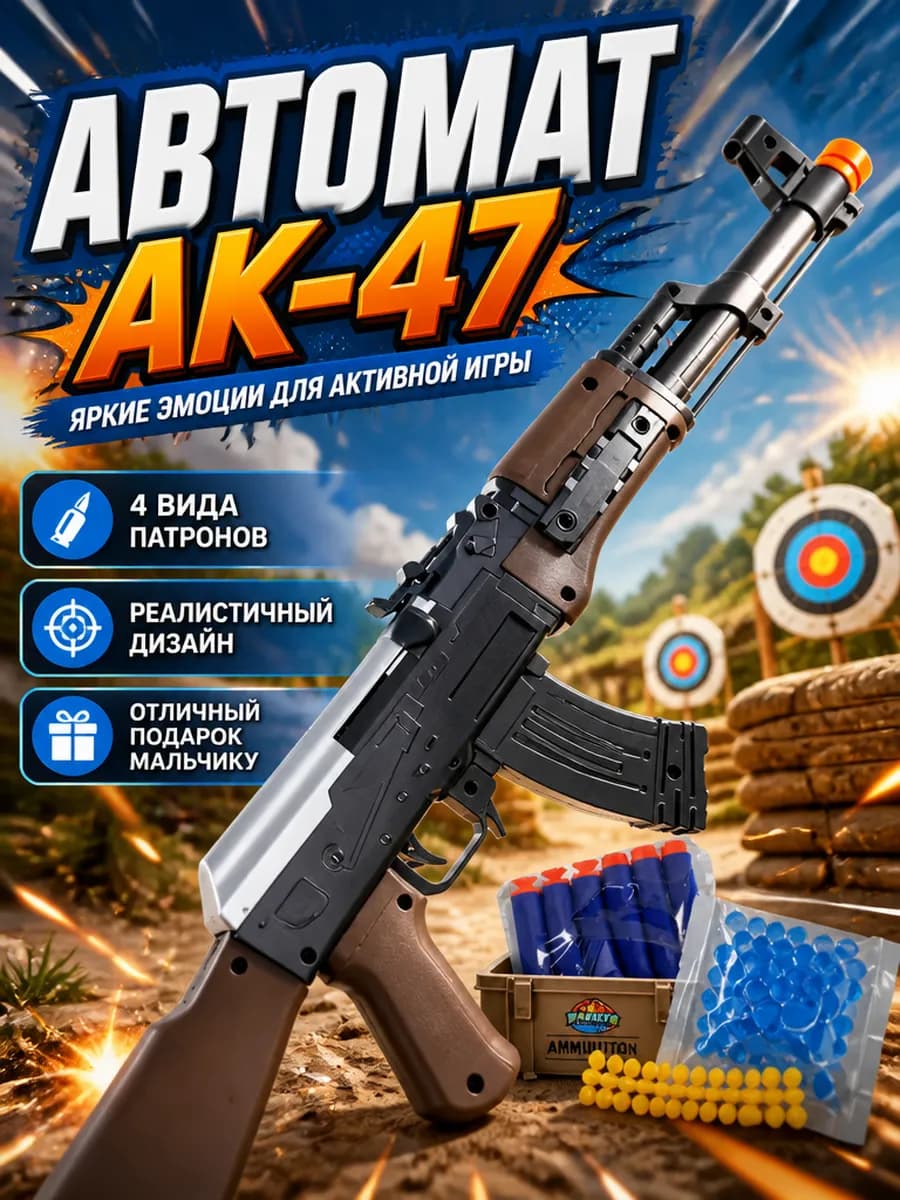 Автомат игрушечный АК-47 для мальчика с пульками