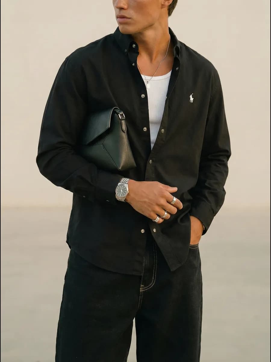 Рубашка черная с длинным рукавом - фото 1