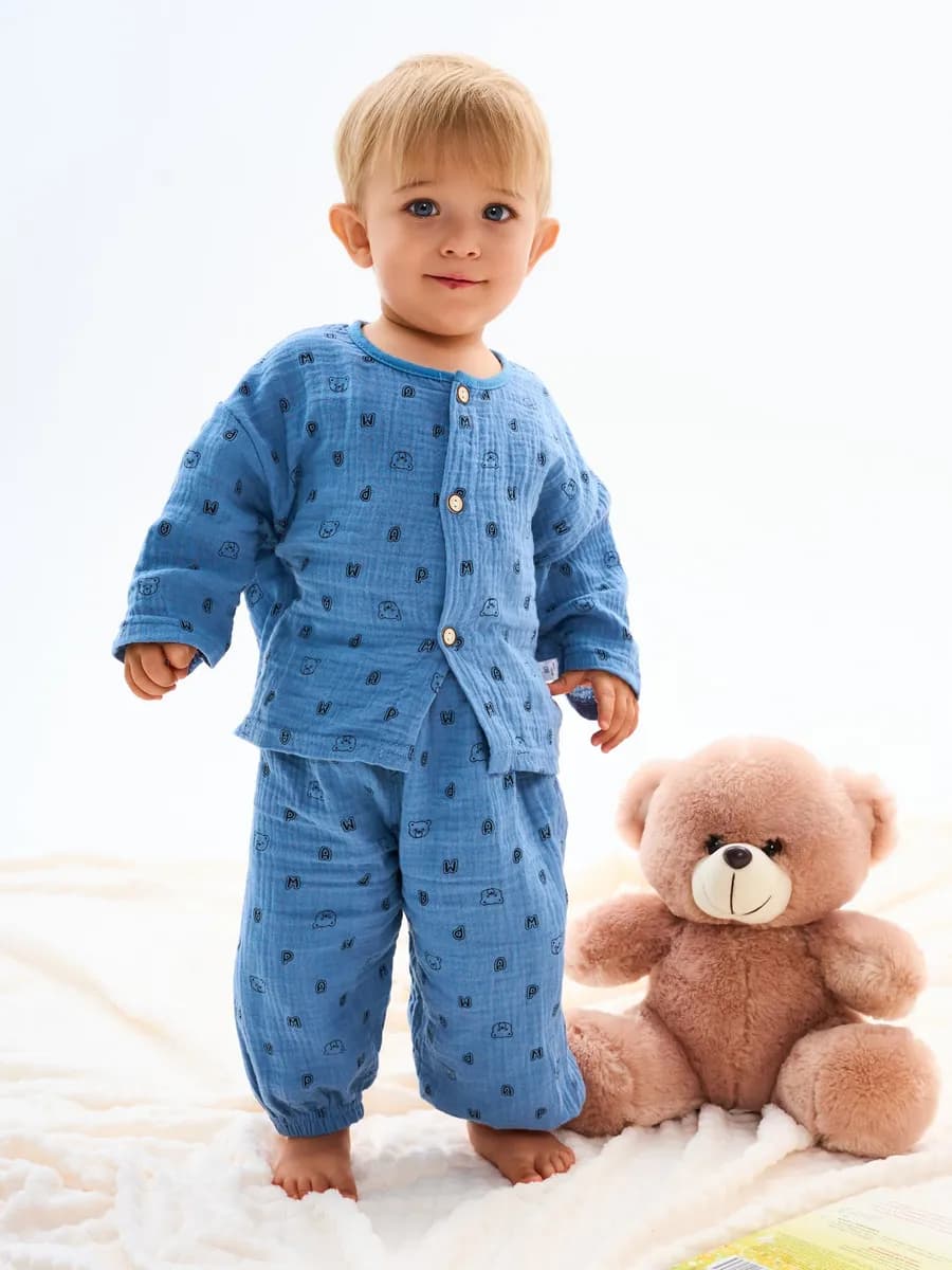 Муслиновая пижама детская костюм синий с мишкой