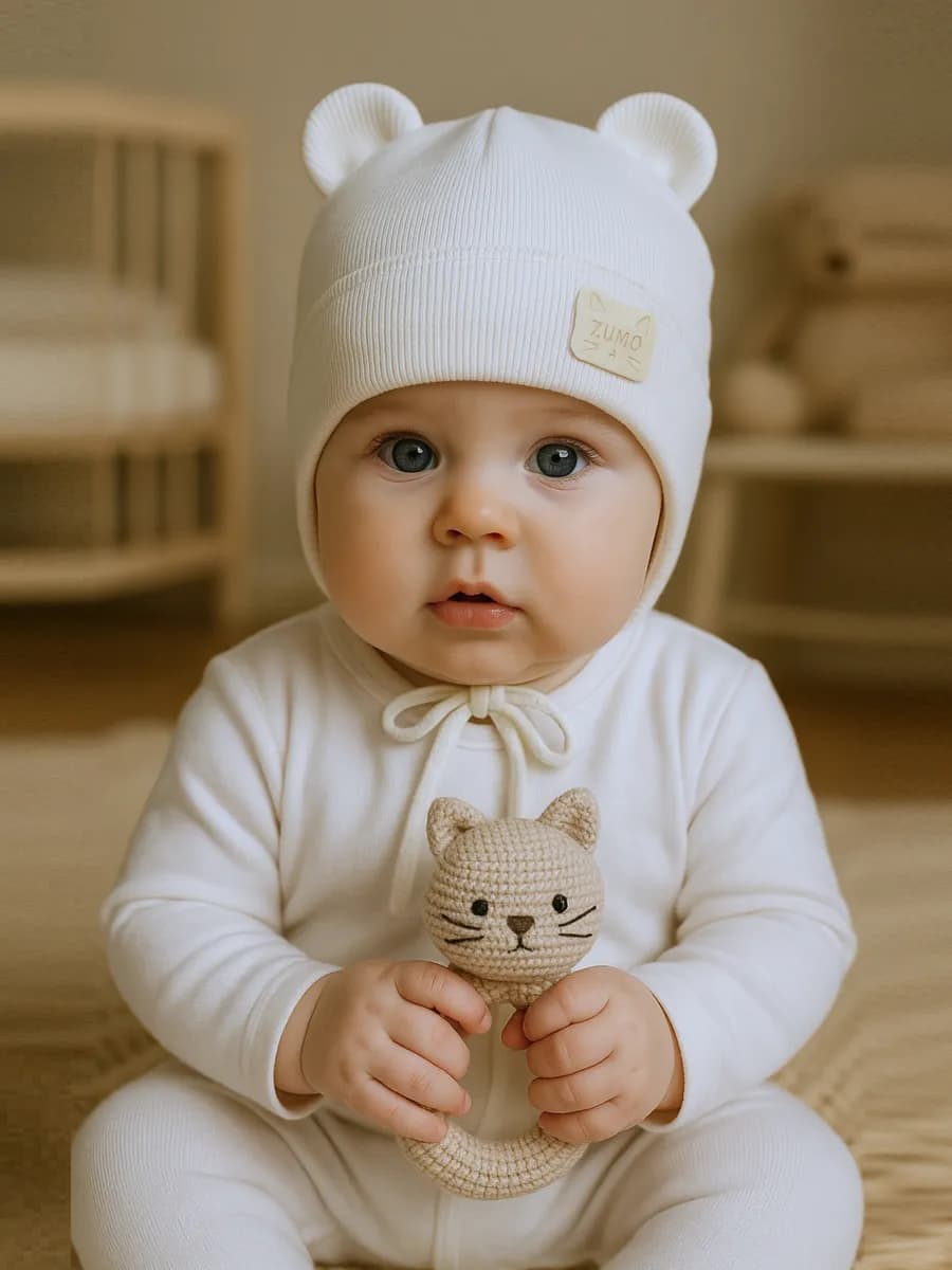 Шапка для новорожденного чепчик с завязками и ушками