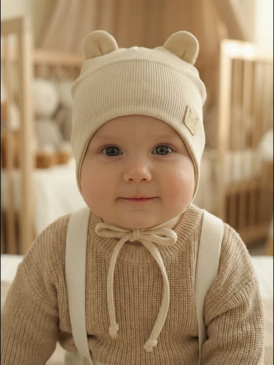 Шапка для новорожденного чепчик с завязками и ушками