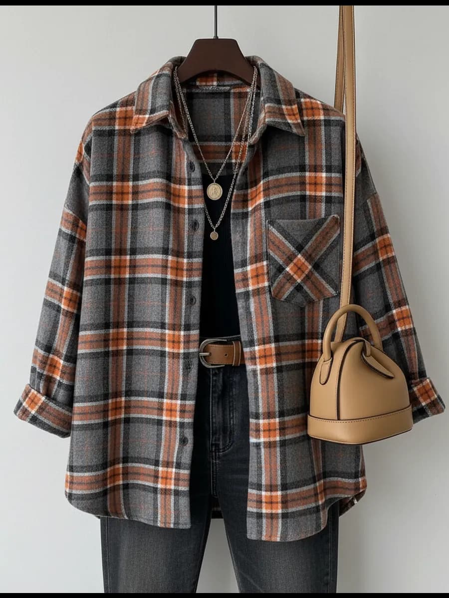 Удлиненная рубашка осенняя оверсайз в клетку теплая - фото 1