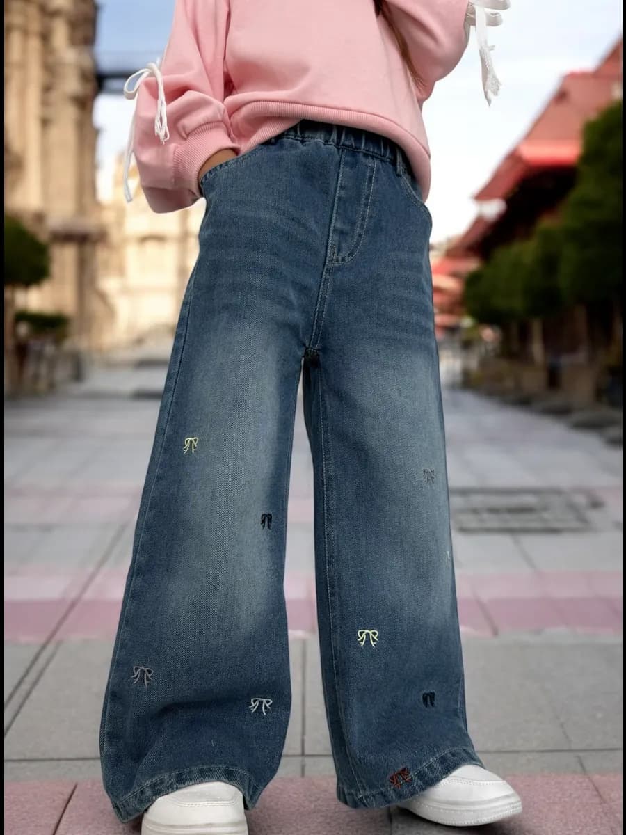 Джинсы для девочки широкие на резинке палаццо